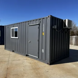 20ft 20’ Slate Gray Shiplap 120V Shipping Container Office Mini Split - slate gray 20ft shipping container office for sale at Easy Containers