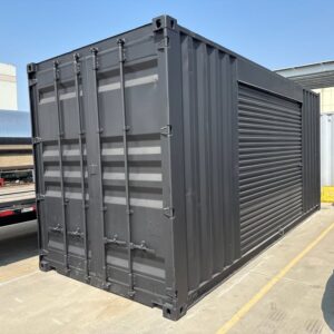 20ft Used Shipping Container – Matte Black w/ 12’ Side Roll-Up Door - matte black 20ft used shipping container for sale at Easy Containers