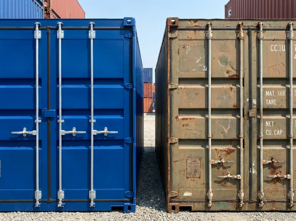 New one-trip container next to a weathered used shipping container - container grades compared