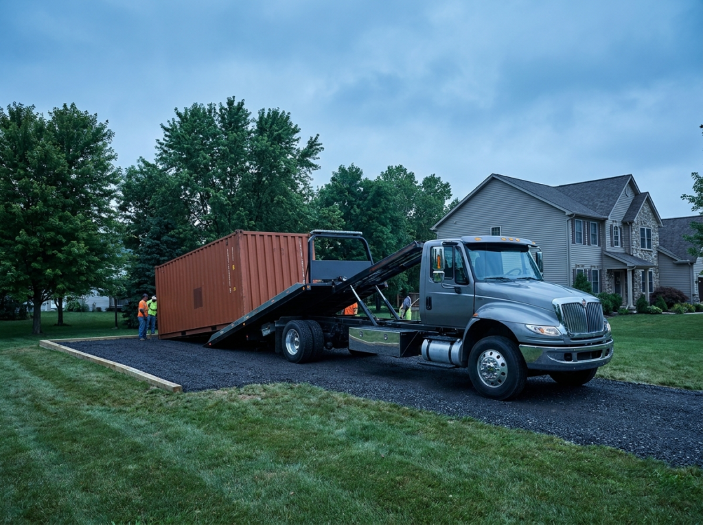 Tilt-bed truck delivering a shipping container onto a gravel pad