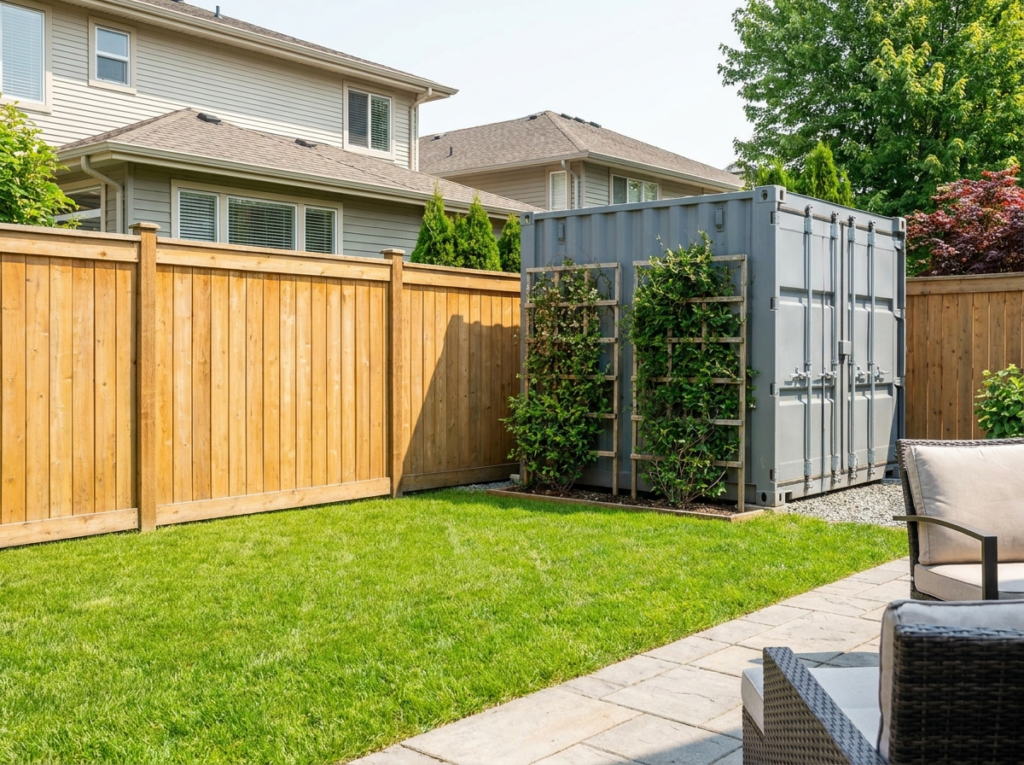 Shipping container placed behind a fence in a suburban backyard