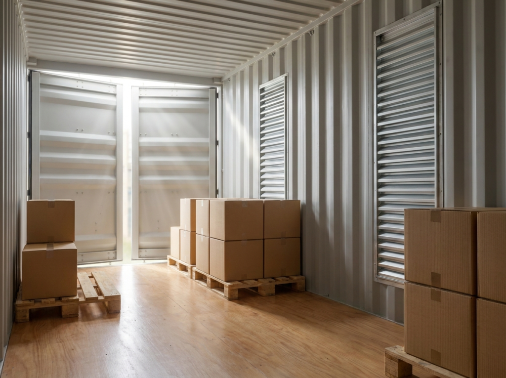 Shipping container interior with louvered air vents and dry stored boxes