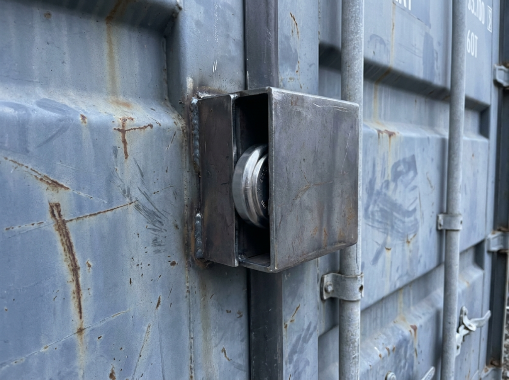 Container doors fitted with a steel lock box and puck padlock