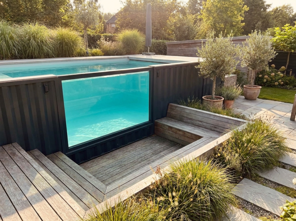 Modern shipping container swimming pool with wooden decking