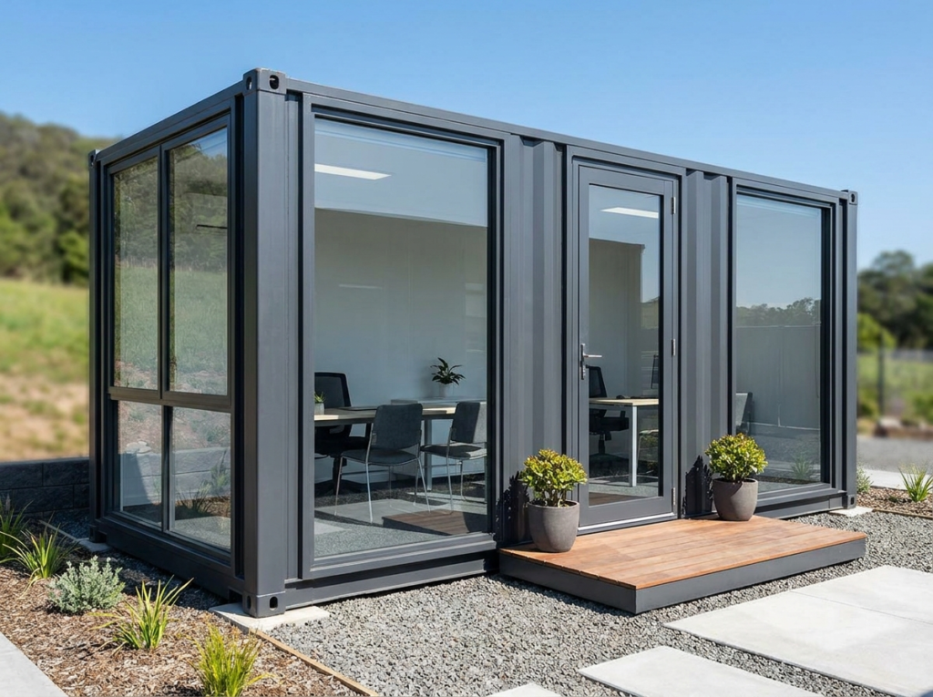 Converted shipping container office with windows and deck