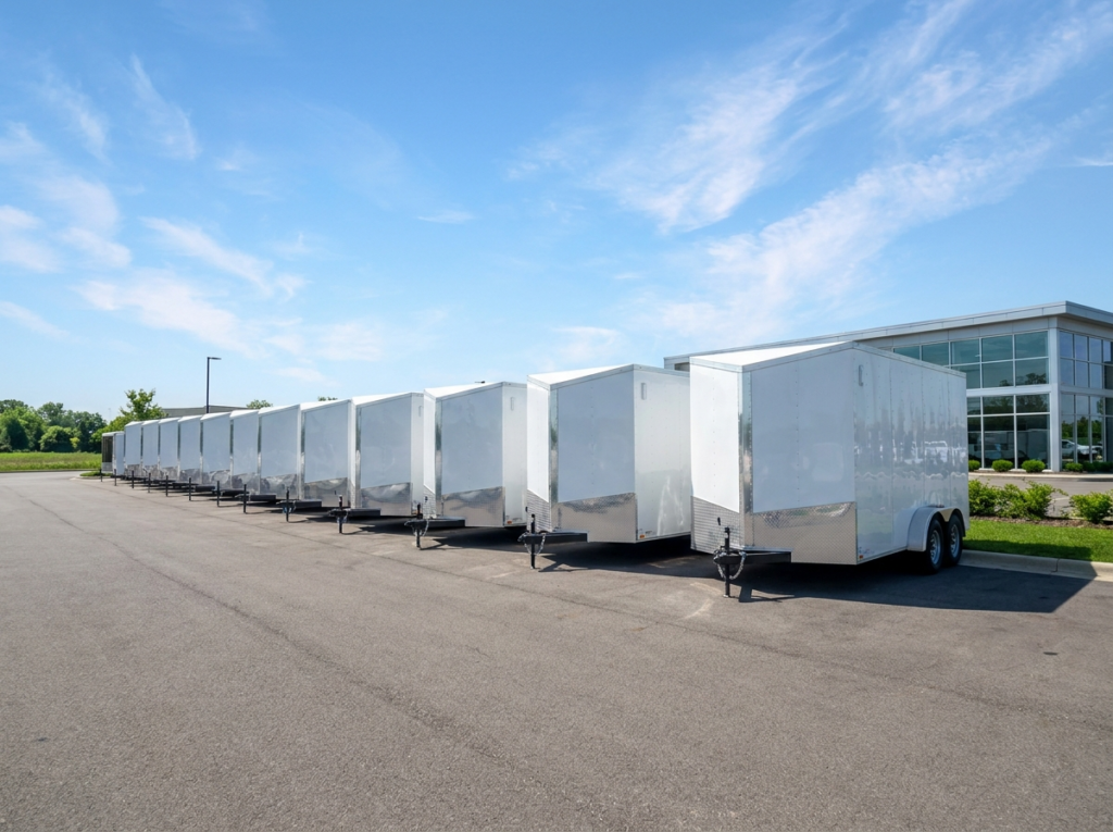 Enclosed cargo trailers lined up at a trailer dealer lot