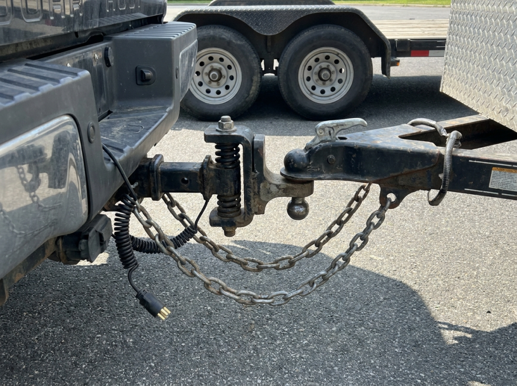 Pickup hitch coupled to a tandem-axle trailer with crossed safety chains