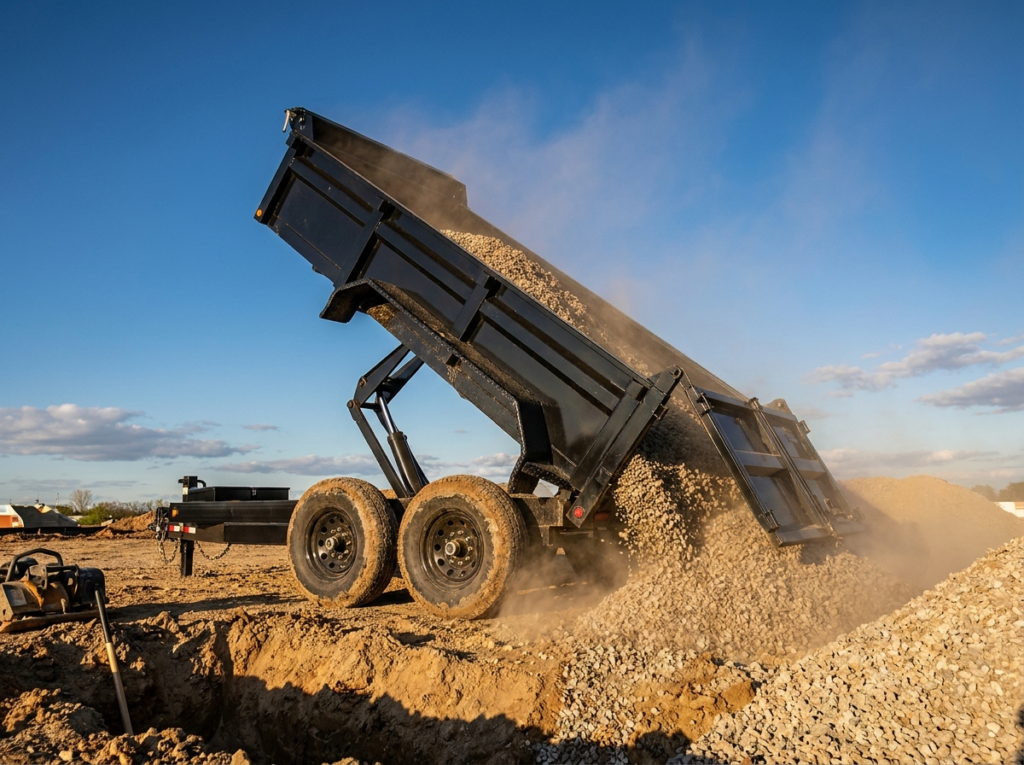 Hydraulic dump trailer dumping gravel with the bed raised