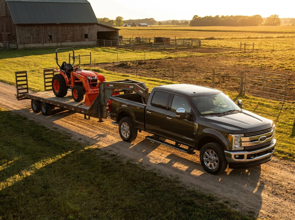 Gooseneck trailer hitched in a pickup bed hauling a compact tractor