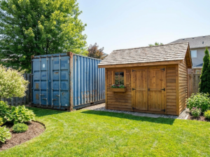 Steel shipping container and wooden shed side by side in a backyard