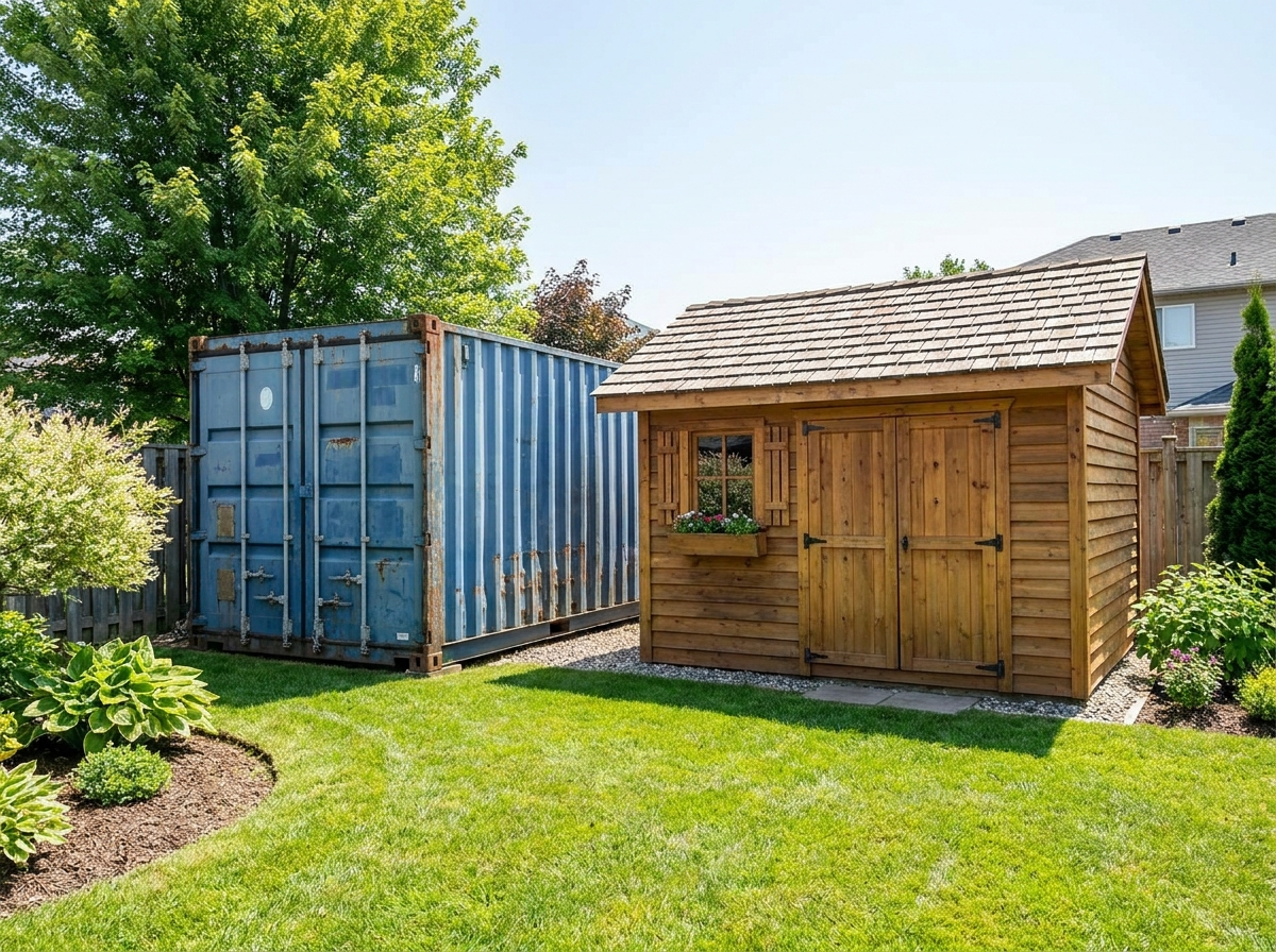 Steel shipping container and wooden shed side by side in a backyard