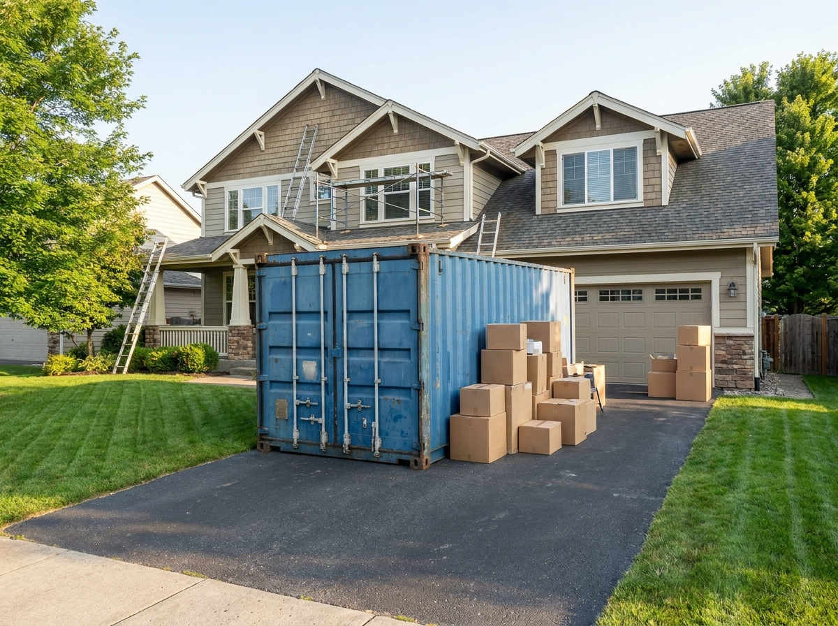 Blue 20ft shipping container on a suburban driveway during a renovation