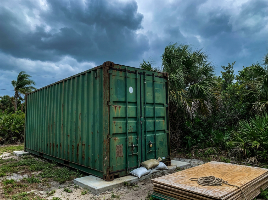 Shipping container in a Florida backyard with storm clouds overhead