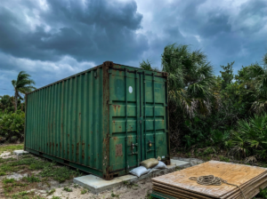 Shipping container in a Florida backyard with storm clouds overhead