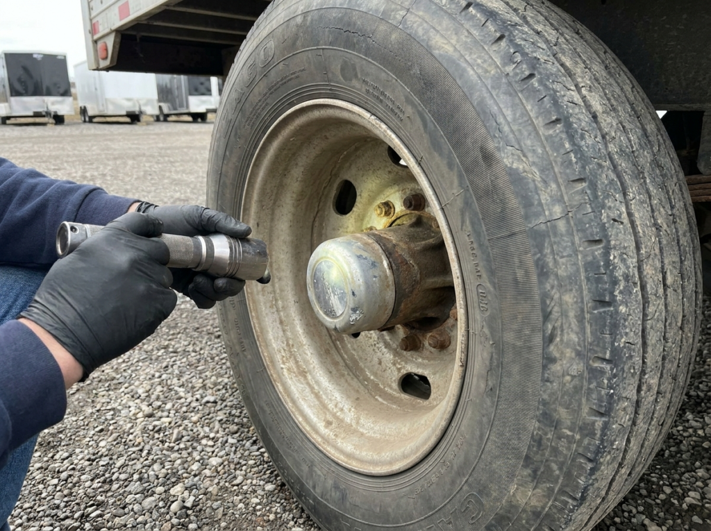 Inspecting the wheel hub and tire of a used cargo trailer