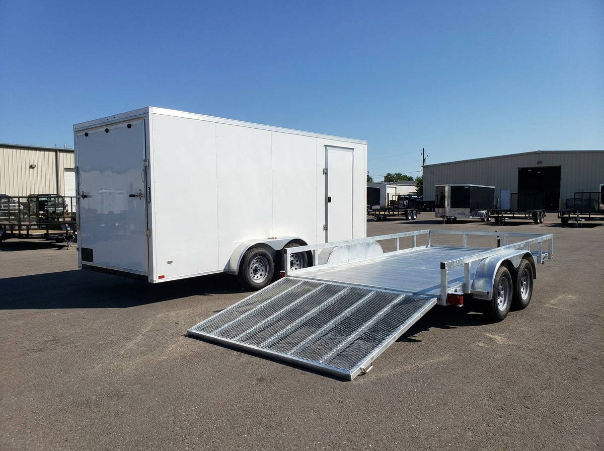 Enclosed cargo trailer next to an open utility trailer comparison