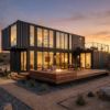 Modern container home with large windows and wooden deck
