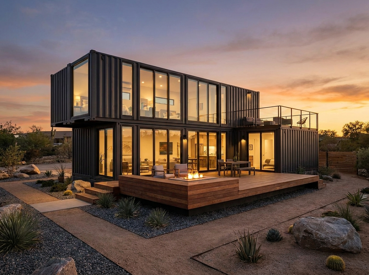 Modern container home with large windows and wooden deck