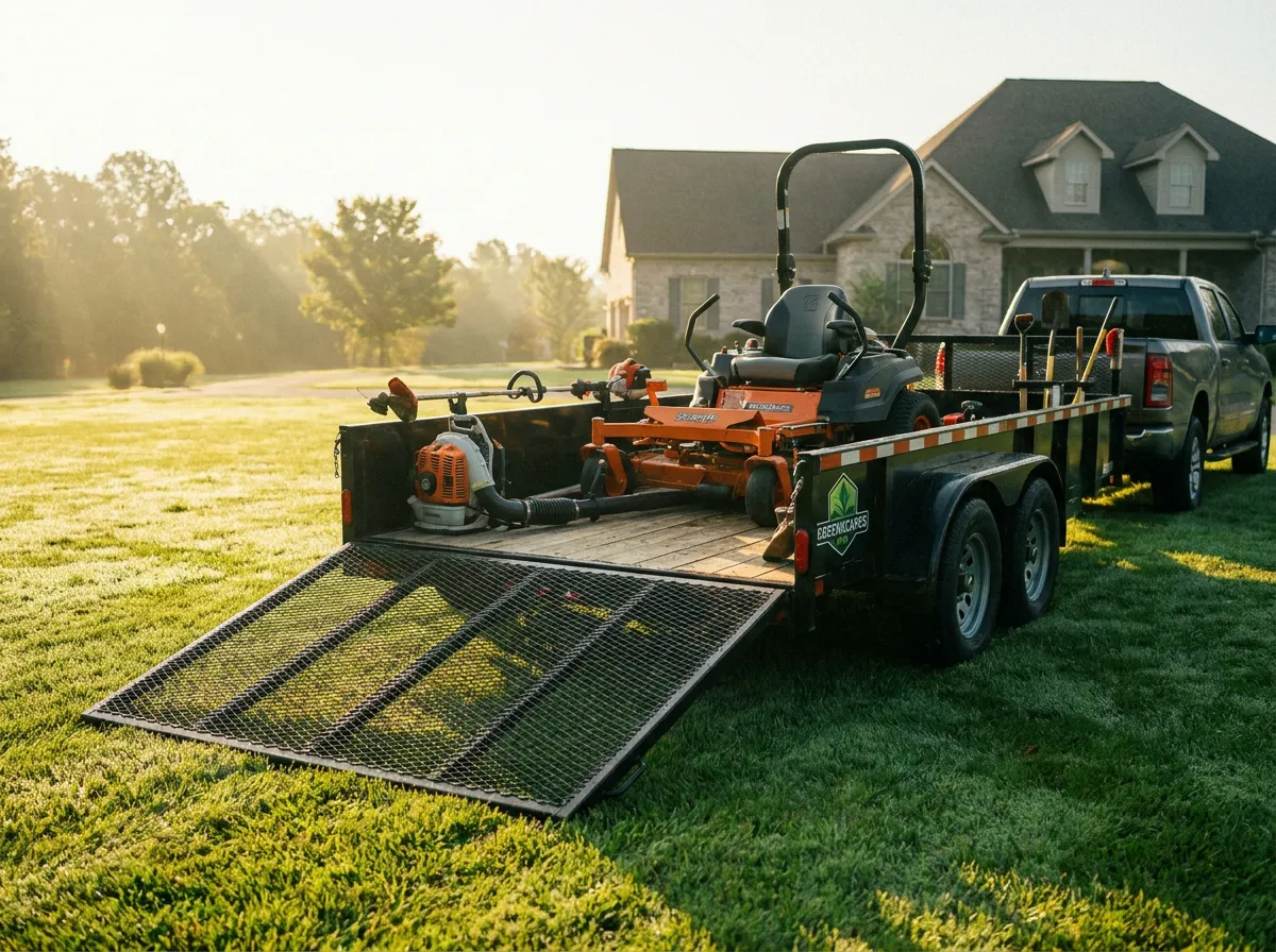 Utility trailer loaded with a zero-turn mower and lawn equipment